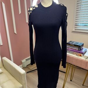 Fashion Nova Navy Blue Ribbed Cut Out Bodycon Dress